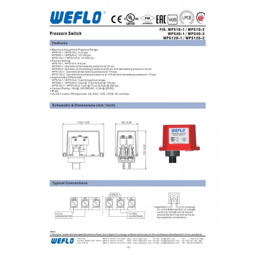 WEFLO WPS120-1 สวิทช์แรงดัน เพรสเชอร์สวิทซ์ มาตรฐาน UL FM